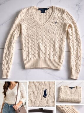 Ralph Lauren Cream Cable-Knit V-Neck Pullover with Polo Pony